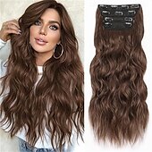 abordables Clip dans les extensions-Extensions de cheveux à clips pour femmes, cheveux longs ondulés, brun chocolat et brun foncé, 4 pièces, 24 pouces, synthétiques, doux et naturels, épais