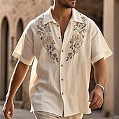 preiswerte Freizeithemden für Herren-Herren Hemd Sommerhemd Freizeithemd Strandhemd Knopfhemd Hellkaki Kaki Beige Kurzarm Blumen Revers Urlaub Hawaiianisch Druck Bekleidung Polyester Mode Lässig Bequem