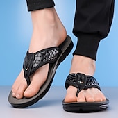 billige Ferietøfler-herrebrune flip-flops i kunstskinn med vevd mønsterrem, myk EVA-såle, komfortabel for feriested og hverdagslige sommerantrekk