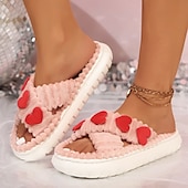 billige Tøfler og flip-flops til kvinner-Damehjertede plysjslidetøfler, søte, lodne sandaler med åpen tå og 3D-kjærlighetsdesign, komfortable innesko til valentinsdagen og fritidsklær