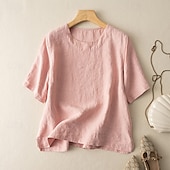  Dame Linskjorte Sommerskjorte Pullover Årgang Kortermet Crew-hals Avslappet Sommer Vår