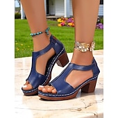 economico Sandali Casual-sandali da donna con tacco a blocco retrò e ritagli – comode scarpe aperte in similpelle nera con suola spessa per mercati del fine settimana, cene all&#039;aperto e feste in giardino