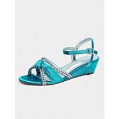 baratos cocktail-sandálias femininas de cetim verde com salto anabela - sapatos sociais com nó de strass e tira no tornozelo para banquetes e coquetéis elegantes