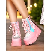 baratos Festa da Vida Noturna-Botas de combate femininas plataforma rosa, botas de cano curto holográficas com cadarço e salto grosso com zíper lateral, estilo de rua ousado para vida noturna e roupas de festa