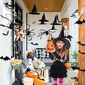 economico Halloween-Cappello da strega nero di Halloween con decorazione da parete a forma di pipistrello 3D, costumi di Halloween, accessori da strega, cappelli, decorazioni per feste di Halloween fantasy