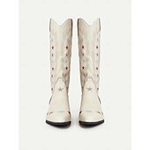 levne Cowboy &amp; Western Boots-Dámské krémové kovbojské boty ve westernovém stylu s barevnou výšivkou hvězd – retro rodeo boty do půli lýtek na country koncerty, festivaly a american outfity
