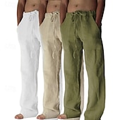 baratos Clássico-Homens Calças de linho Calças Calça verão Calças largas Calças de praia Bolsos Com Cordão Tecido Conforto Respirável Comprimento total Ioga Casual Diário Férias Estilo Clássico Khaki + Branco + Cinza
