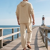 cheap Men&#039;s Tee Sets-Men&#039;s T-shirt Suits Shirt and Pant Sets 2 Pieces Outfits Long Sleeve Hooded Summer Spring Solid Color Fashion Casual Buttons 2 Piece Vacation Daily Wear Going out Black White Yellow Top Tee for Men