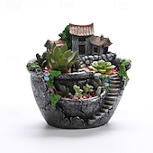 economico Statue-1 vaso da giardino magico - design di casa delle fate fantasy con muri in pietra, scale, fiori colorati, piante grasse e vasi da fiori in resina, mini contenitori paesaggistici per decorazioni interne