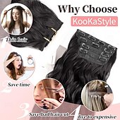 preiswerte Clip-in-Erweiterungen-Clip-in-Haarverlängerungen, 4 Stück, lang, gewellt, synthetisch, dunkelschwarz, braun, Faser, doppelter Schuss, natürlich, dick, 24 Zoll, für Frauen