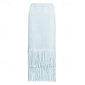 abordables Jupes unies-Femmes Ample Élégant ancien Mode Midi Taille Moyenne Jupes Frange à pompons Froncé Élastique Vacances Quotidien Aqua bleu Noir Vert Claire Rose Claire Été Polyester