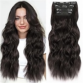 abordables Clip dans les extensions-Extensions de cheveux à clips pour femmes, cheveux longs ondulés, brun chocolat et brun foncé, 4 pièces, 24 pouces, synthétiques, doux et naturels, épais