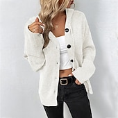 preiswerte Texturierte Kapuzenpullover &amp; Sweatshirts-Damen Strickjacke Mode Weich Einfarbig Gerippt Mit Kapuze Knöpfe Gestrickt Langarm Normale Oberteile Stricken Ferien Ausgehen Wochenende Schwarz Weiß Herbst