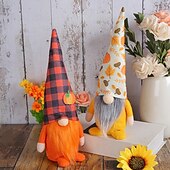 ieftine Ziua Recunoștinței și decorarea de toamnă-Decor de pluș gnom de toamnă, păpușă fără chip în picioare cu pălărie de dovleac în carouri, decor de masă pentru recolta de Ziua Recunoștinței pentru casă, ornament de raft de toamnă