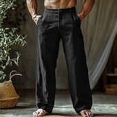 cheap Home-Men&#039;s Linen Pants Trousers Summer Pants Beach Pants Buttons Pocket Straight Leg Plain Comfort Breathable Vacation Daily Holiday Hawaiian Boho Black White
