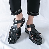 billige Kjole sandaler-Gull- og svarte metalliske sandaler for menn – stilige gladiatorsandaler med moderne spennedesign, perfekte for uformelle utendørsarrangementer