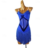 abordables robe de compétition-Robe de danse latine salsa à pompons pour femmes, tenue d&#039;entraînement sans manches pour rumba, chacha, samba