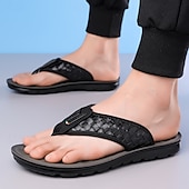 billige Ferietøfler-herrebrune flip-flops i kunstskinn med vevd mønsterrem, myk EVA-såle, komfortabel for feriested og hverdagslige sommerantrekk