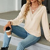 preiswerte Damen Einfache Oberteile-Damen Bluse Farbblock Modern Lässig Langarm V Ausschnitt Normale Oberteile Täglich Ferien Patchwork Gras-Grün Erröten Sie Rosa Schwarz Rosa Wein Sommer