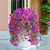 abordables Plantas y Flores Artificiales-2 piezas de flores colgantes artificiales de gloria de la mañana resistentes a los rayos UV, flores artificiales de plástico de color púrpura y rojo púrpura vibrantes para porche, jardín, boda y