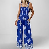 billiga Konst &amp; Design Jumpsuit-Dam Jumpsuits Aktiv Blommig Ärmlös Brett skaft kall axel Semester Hem Lös passning Svart diamant Blå Khaki grön Sommar
