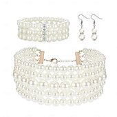 abordables Parures de Bijoux-Ensembles de bijoux de mariée 1 ensemble de boucles d&#039;oreilles en perles et strass, collier et bracelets, ensemble de bijoux élégant et doux pour femmes, pour mariage, travail, occasion spéciale