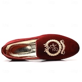お買い得  ローファー-刺繍入りの紋章が入ったメンズ バーガンディ ベルベット ローファー - 結婚式、宴会、お祝いの席にぴったりのスリッポン パーティー ドレスシューズ