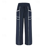 billige brede ben og høy midje-Dame Joggebukser Bukser Rett Fritid Treningsklær Lang Middels midje Lapper Lomme Elastisk snordesign Høyt snitt Pusteevne Myk Mikroelastisk Feriereise Gate Dagligdagstøy Svart Militærgrønn Navybl