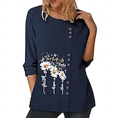 abordables Chemises-Chemisier femme coton lin fleuri élégant mode moderne manches longues col ras du cou régulier hauts quotidien sortie week-end blanc bleu bleu foncé automne