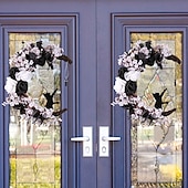 ieftine Coronițe de Halloween și decorațiuni florale-Coronițe LED de Halloween pentru decorarea ușii din față, interioare și exterioare, coroană de pisică cu lună și ramuri moarte, trandafir alb și negru, pentru decorul ferestrei de Halloween de Ziua