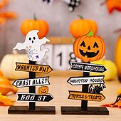 お買い得  ハロウィンの吊るし飾りとテーブルトップ装飾-ハロウィーンの木製卓上装飾2個、木とゴーストが付いたカボチャの文字サイン、ハロウィーンパーティーのディスプレイ用の不気味なスタンディングデコレーション