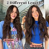 abordables Clip dans les extensions-Extensions de cheveux à clips pour femmes, cheveux longs ondulés, brun chocolat et brun foncé, 4 pièces, 24 pouces, synthétiques, doux et naturels, épais