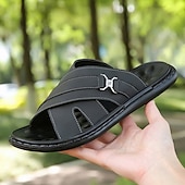 cheap Vacation Sandals-Men&#039;s Tan Faux Leather Slide Sandals Cross-Strap Open-Toe Design with Arch Support Great for Casual Summer Home and Street Style