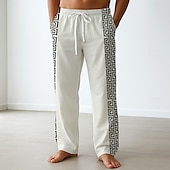 cheap Men&#039;s Printed Casual Pants-Men&#039;s Trousers Baggy Pants Casual Pants Side Pockets Elastic Waist Wide Leg Greek Key Meander Full Length Outdoor Vacation Ethnic Style White Blue Inelastic