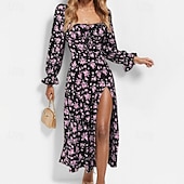 preiswerte Blumenkleid-Damen Maxikleid Milchmädchen-Kleid Urlaub Party Geburtstag Laternenärmel Outdoor Urlaub Täglich Standard Passform Blumen Langarm Quadrathals Weiß Blau Purpur Gold Sommer Frühling Herbst