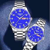 abordables Relojes de Cuarzo-Este es un elegante reloj para parejas con dos diales digitales redondos y correas de acero inoxidable con una pantalla de fecha luminosa resistente al agua ipx7 de lunes a domingo. Es un regalo ideal