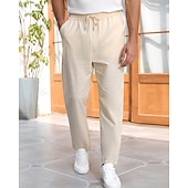 billiga Hem-Herr Linne Byxor Långbyxor Sommarbyxor Strandbyxor Ficka Snörning Elastisk midja Slät Komfort Andningsfunktion Semester Dagligen Helgdag Hawaiisk Boho Beige