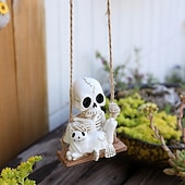 abordables Décorations Suspendues et de Table pour Halloween-Figurine créative en résine représentant un squelette et un chat pour Halloween, tête de fantôme effrayante à suspendre, décoration de maison et de fête en résine pour Halloween