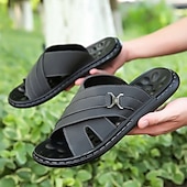 cheap Vacation Sandals-Men&#039;s Tan Faux Leather Slide Sandals Cross-Strap Open-Toe Design with Arch Support Great for Casual Summer Home and Street Style