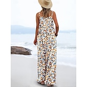 olcso nyaralás jumpsuit-Női Szabályos Jumpsuitek Aktív Virágos Ujjatlan Széles lábszár Kerek Zseb Magas derék Vakáció Napi Normál Sárga Arcpír rózsaszín Katonai zöld Nyár