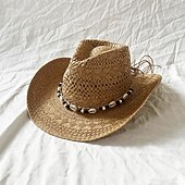 economico Far West-cappello di paglia a conchiglia, cappello da sole per le vacanze al mare, cappello da cowboy con tesa arrotolata