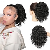 abordables Queue-de-cheval-Extension de queue de cheval 10 pièces, queue de cheval courte et bouclée, à clip, pour femmes noires, synthétique, duveteuse, douce et ondulée, extensions de cheveux naturels noirs