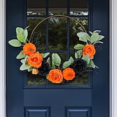 billige Halloween-kranser og blomsterdekorasjoner-Halloween-krans til inngangsdør innendørs utendørs dekorasjon, metallbøyle gresskarrose blomsterkrans, kunstig halloween veggteppe til hjemmevindusutstilling