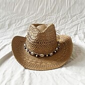 economico Far West-cappello di paglia a conchiglia, cappello da sole per le vacanze al mare, cappello da cowboy con tesa arrotolata
