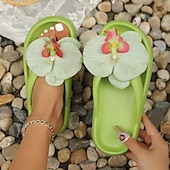 billiga Inneskor och flip-flops till damer-kvinnors blommiga flip-flop-sandaler, söta 3D-blommiga platåtofflor för stranden, mjuka sommarsandaler i skumgummi för semester och vardagskläder