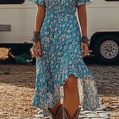 abordables Robes Bohémiennes-Femmes Robe Midi Robe Fleurie Robe bohème Robe Imprimée Robe occidentale Classique Moderne Extérieur Vacances Sortir Coupe régulière Fleur Manche Courte Col en V Bleu Été