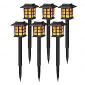 preiswerte Landschaftslichter-6 Stück Solar-Außenleuchte, wasserdicht, kleines Haus, blinkende Flamme, Bodenstecker, Licht für Innenhof, Garten, Weg, Rasen, Terrasse, Halloween, Weihnachtsfest, Atmosphäre, dekoratives Licht,
