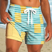 billige Geometrisk trykk-Herre Geometrisk Stribe Gitter / Teppe Fôret shorts 2 i 1 svømmeshorts Badeshorts Medium Midje Hawaiisk Ferie Sidelommer Med kompresjonsforing Elastisk snøring i midjen Designer Klær