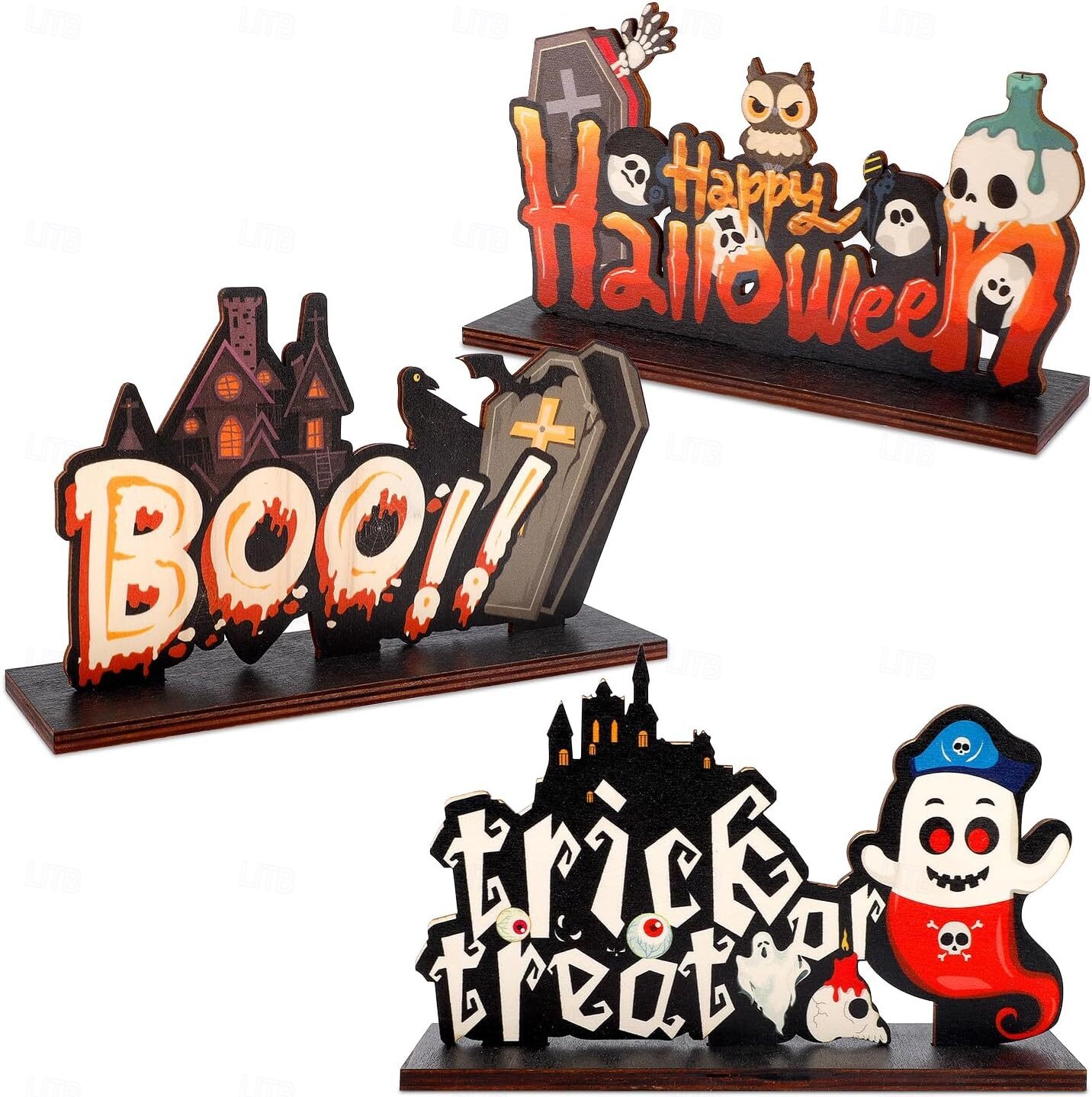 olcso Halloween függő és asztali díszek-3 db halloweeni asztaldekoráció fa asztaldísz táblák - boldog halloweeni csokit vagy csalunk rusztikus fa partidekorációk