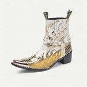 levne Prémiové kožené boty-Pánské bílo-zlaté kožené westernové boty s květinovým vzorem a zapínáním na zip - trendy boty pro běžné nošení i slavnostní nošení